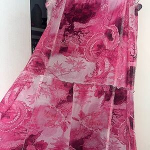 Pink print seam strappy mesh jumpsuit